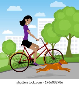 Pretty young woman rides a bike in the park. Happy girl outdoors with his dog. Vector illustration.
