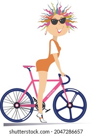 Pretty young woman rides a bike.
Smiling young woman in sunglasses rides a bike isolated on white
