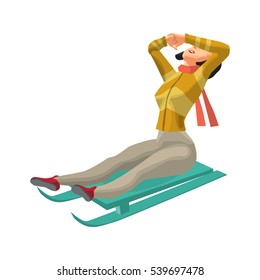 Pretty young woman riding a snow sled and closes eyes with her hands on isolated background. Flat cartoon vector illustration