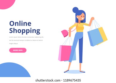 Pretty  young woman with shopping bags. Big Sale. Online shopping. Flat vector illustration isolated on white.