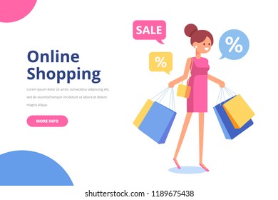 Pretty  young woman with shopping bags. Big Sale. Online shopping. Flat vector illustration isolated on white.