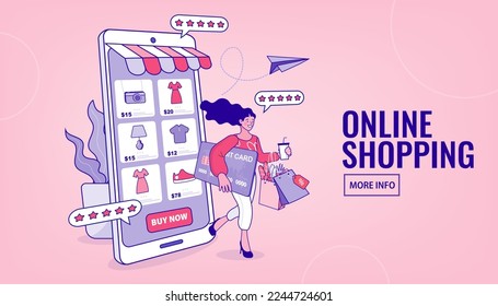 Mujer muy joven con bolsas de compras en línea. Marketing para smartphones y comercio electrónico. aplicación móvil, página de inicio. ilustración vectorial plana.