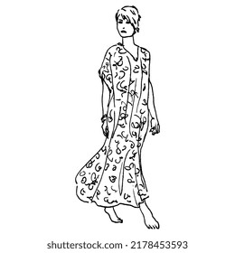 Pretty young woman with short haircut in long sundress walking tiptoe barefoot. Summer female portrait. Hand drawn linear doodle rough sketch. Black silhouette on white background.