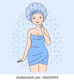 Pretty Young Woman In Shower Cap And Bath Towels. Cute Girl In Bathroom. Vector Illustration.