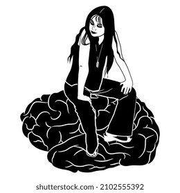 Pretty young woman sitting on human brain. Creative concept. Black and white silhouette.