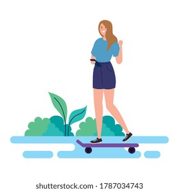 pretty young woman in skateboard outdoor, on white background vector illustration design