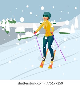 Pretty young woman skiing in mountains. Winter sports vacation concept. Flat vector illustration