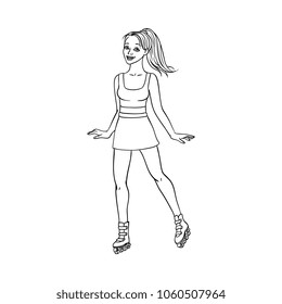 Pretty young woman in skirt, summer clothing riding roller blade skates smiling. Beautiful female character, girl at vacation. Vector sketch monochrome illustration isolated