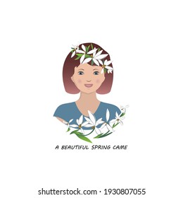 Pretty young woman with spring flowers wreath on her had. Vector flat design illustration for cards, posters, etc. Spring theme. 