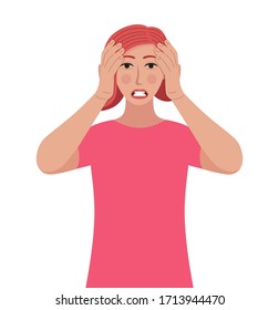 Mujer muy joven apretando la cabeza con las manos. Emociones y concepto de lenguaje corporal. Concepto de estrés, tensión y migraña. Ilustración vectorial al estilo de las caricaturas.