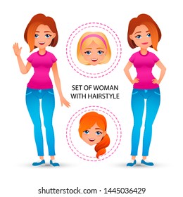 Pretty young woman is standing in different poses. Constructor from different poses, hairstyles and emotions. Vector cartoon female character.