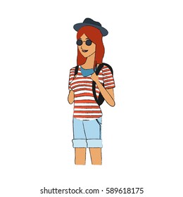 pretty young woman with striped shirt hat and sunglasses icon im