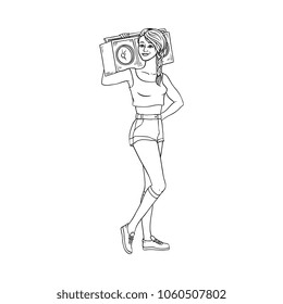 Pretty young woman in summer clothing shorts holding musical boombox smiling. Beautiful female character, girl with vintage radio, stereo sound system. Vector monochrome sketch illustration isolated