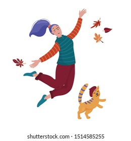 Pretty young woman in sweater, vest and pants jumping high with cat in beret hat, fall, autumn season celebration concept, flat cartoon vector illustration isolated on white background