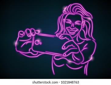 Pretty young woman taking selfie photo.Neon glowing shine style vector illustration. One single drawn line.