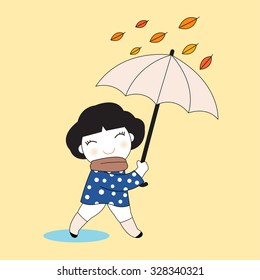 Pretty Young Woman With Umbrella In A Cold Autumn Day Character illustration