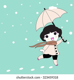 Pretty Young Woman With Umbrella In Snowfall Character illustration