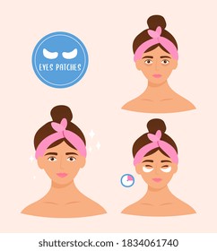 Pretty young woman using special cosmetic patches to eliminate bags under her eyes. Instruction or banner. Flat cartoon vector illustration.