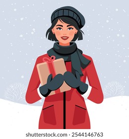 Eine hübsche junge Frau in warmer Winterkleidung hält ein Weihnachtsgeschenk in den Händen. Flache Vektorgrafik, Cartoon.
