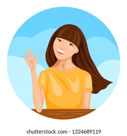 Pretty young woman waving hand for greeting someone. Portrait of smiling woman with raised palm. Vector illustration