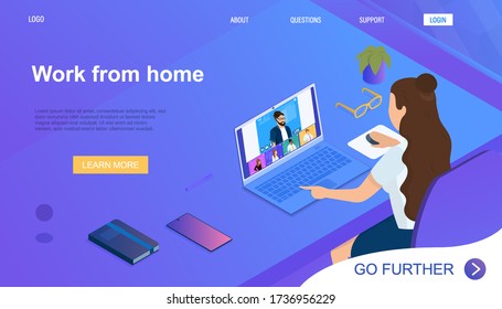 Pretty young woman working at home on laptop. Home Office Concept. Video conference with colleagues. The girl communicates with employees through a video application. 3d Isometric Vector