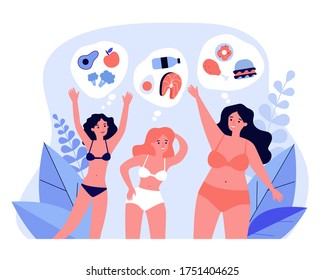 Pretty young women in bikini with different diet. Food, vegetable, meal flat vector illustration. Body positive and nutrition concept for banner, website design or landing web page