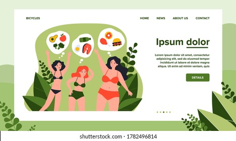 Pretty young women in bikini with different diet. Food, vegetable, meal flat vector illustration. Body positive and nutrition concept for banner, website design or landing web page