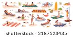 Pretty young women on summer beach, girls on vacations in bikini, vector seaside. Women on tropical beach in swimsuits sunbathing, drinking cocktail or making selfie photo and yoga relax or picnic