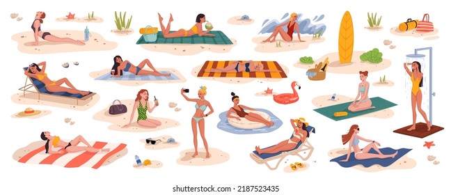 Pretty young women on summer beach, girls on vacations in bikini, vector seaside. Women on tropical beach in swimsuits sunbathing, drinking cocktail or making selfie photo and yoga relax or picnic