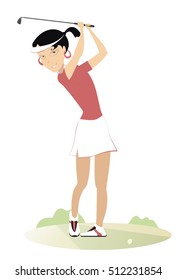 Pretty young women is playing golf 
