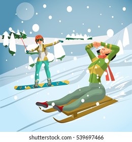 Pretty young women sledding and snowboarding from a hill in the forest on a cloudy day. Flat cartoon vector illustration