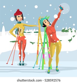 Pretty young women standing with skis and makes selfie in the woods on a snowy day. Flat cartoon vector illustration