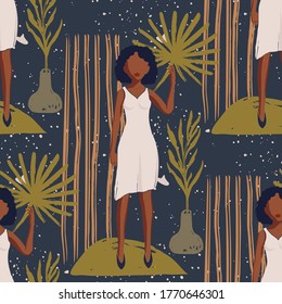 PrettyAfrican American Girl Seamless Vector Pattern. Black Beauty Hand Drawn Textured Tropical Summer Illustration. Female Black Woman Fashion Background.
