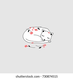 pretty,cartoon,simple style,little sweet white cat with pink flowers around him, gray  background,creative girlish childish isolated illustration for textile,wallpapers,wall art,patches,mugs,t-shirts