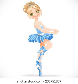 Prettyl ballerina girl dancing in blue dress isolated on a white background
