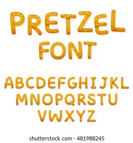 Pretzel alphabet letters isolated on white. Cartoon food font.