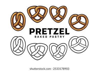 Brezel gebackenes Gebäck mit jeder Form bunt und Umriss Badge Logo Design-Set für Bäckerei und Restaurant. Teig Brezel Brot Illustration Logo Vorlage für Snack, Rezept, Koch 