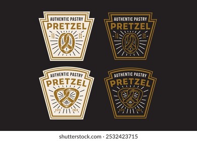 pretzel baked pastry with oval and triangle shape retro badge logo design for chef, kitchener and pastry cook. pretzel bread emblem logo collection for bakery and restaurant 