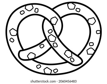 Pretzel - baked product - vector linear illustration for logo or sign coloring. Outline. Salted brezel - Traditional German meal snack for coloring.