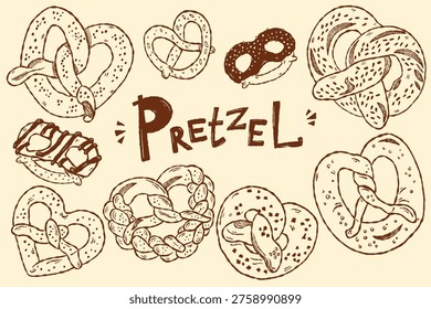 Pretzel bakery set with different pastry types in hand drawn vintage style
