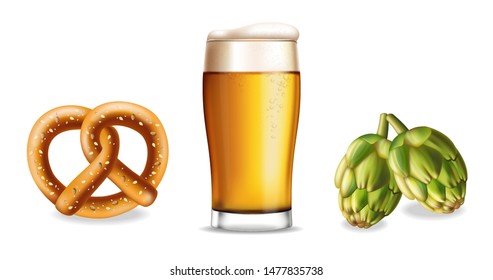 Pretzel beer and hop isolated Vector realistic set collection