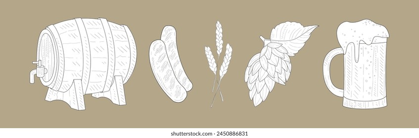 Pretzel, Beer, Hop and Sausage Hand Drawn Element Vector Set