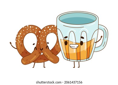 Pretzel and beer mug characters holding by hands. Perfect couple, friends forever cartoon vector illustration