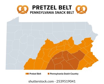 Pretzel Belt oder Pennsylvania Snack Belt, politische Karte. Kulturregion im US-Bundesstaat Pennsylvania, wo etwa 80 Prozent aller in den USA konsumierten Brezeln hergestellt werden.