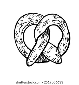 Pretzel preto branco ilustração vetor gráfico isolado. Pastelaria alemã com mão de sal desenhada por silhueta de tinta. Biscoito cristalino forma assada de um nó design monocromático para menu, embalagem, livro de receitas.