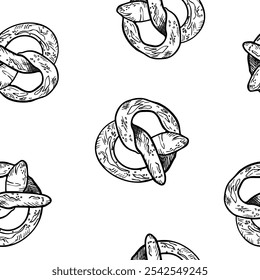 Pretzel black white graphic vector seamless pattern isolated. German pastry with salt hand drawn by ink silhouette. Repeated texture of crisp biscuit baked form of a knot monochrome design packaging.