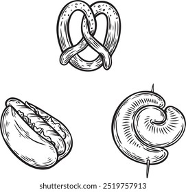 Pretzel and bratwurst engraved line drawing vector isolated on white backround.