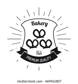 pretzel bread shield ribbon bakery food shop icon. Isolated illustration. Vector graphic