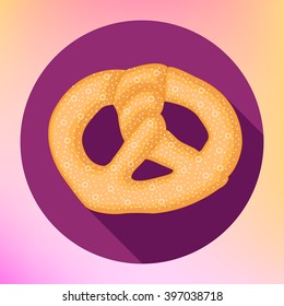Pretzel bun flat icon. Salty snack vector pictogram. Bretzel traditional bavarian homemade bread sign. Octoberfest symbol with long shadow. 