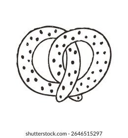 Pretzel, cartoon doodle vector illustration isolated on white background. Hand drawn outline art with grunge texture. Concept of bakery and cafe.